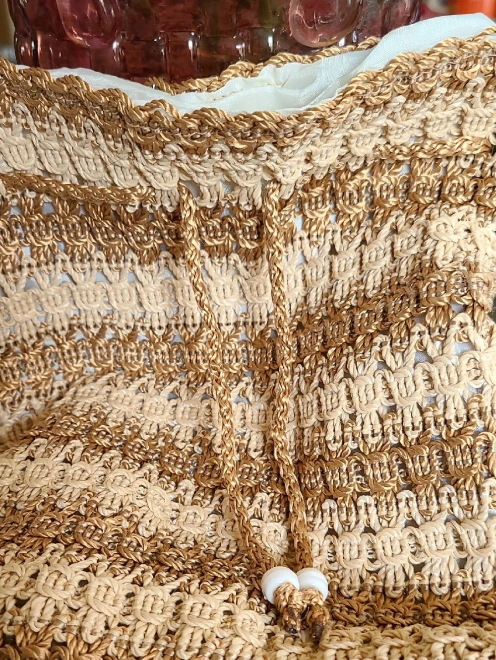 Handwoven Gold Crochet Drawstring Bag